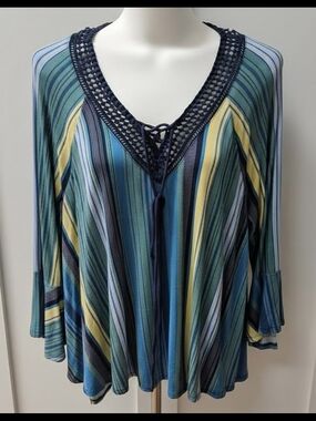 Striped Lace-Up V-Neck Swing Top in Teal & Yellow